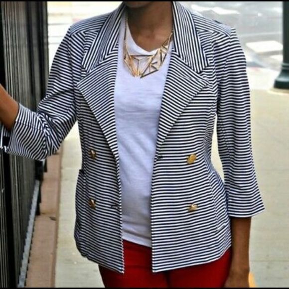 Striped Navy and White Women's Blazer - Picture 1 of 6
